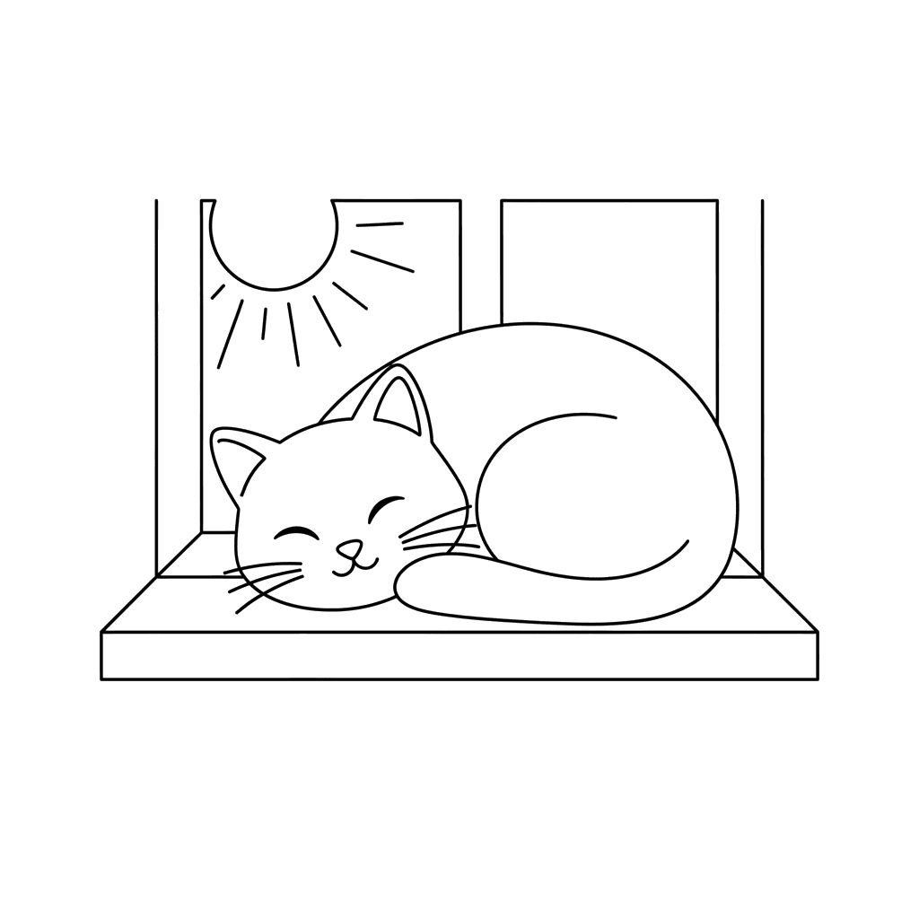 Cat Napping on a Sunny Windowsill Coloring Page
