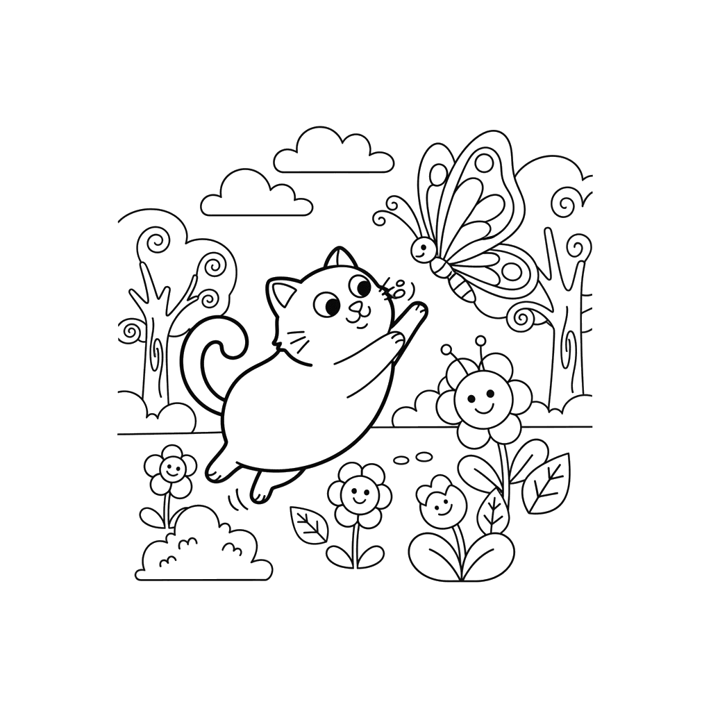 Cat and Butterfly in Spring Garden