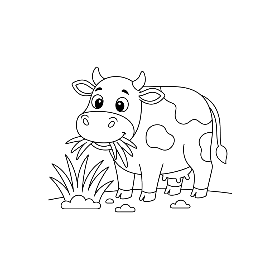 Happy Cow Eating Grass Coloring Page