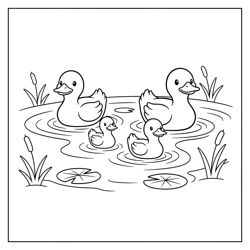 Ducks Swimming in a Farm Pond Coloring Page | ColorBoom