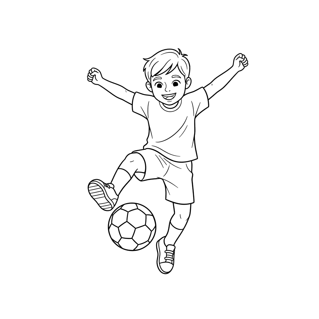 Happy Child Kicking a Soccer Ball Coloring Page