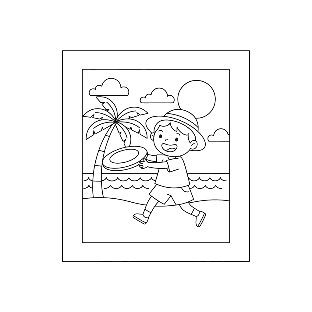 Child Throwing a Frisbee at the Beach Coloring Page
