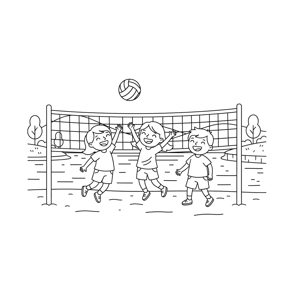 Friends Playing Volleyball by the Lake Coloring Page