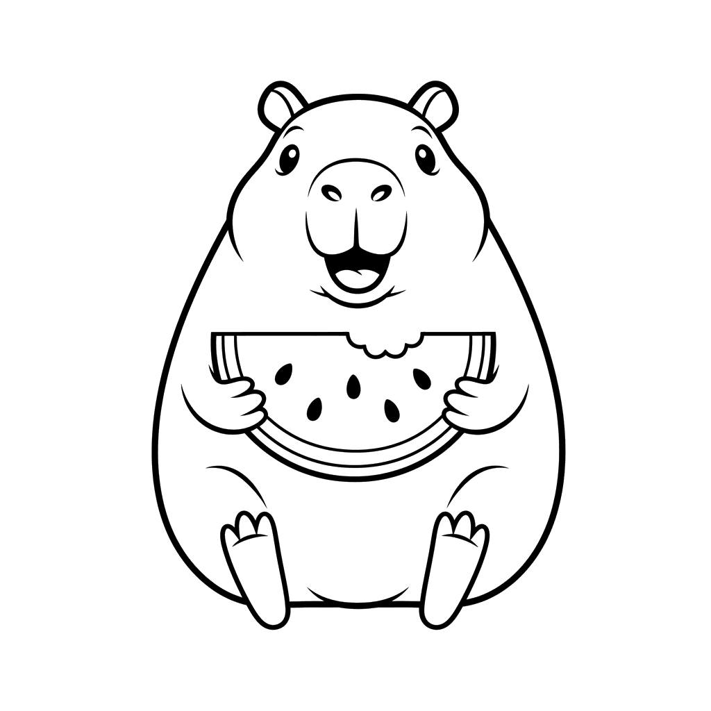 Happy Capybara Eating Watermelon Coloring Page