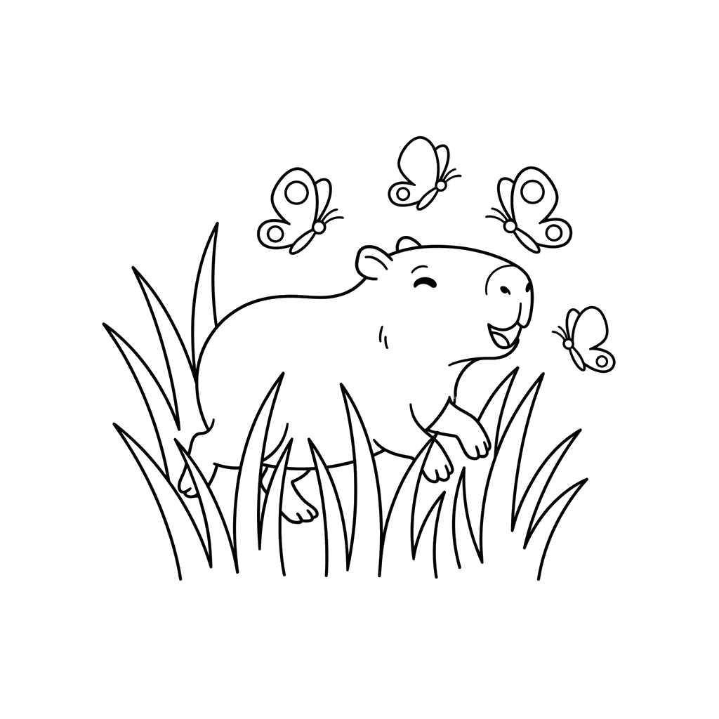 Playful Capybara Chasing Butterflies Coloring Page
