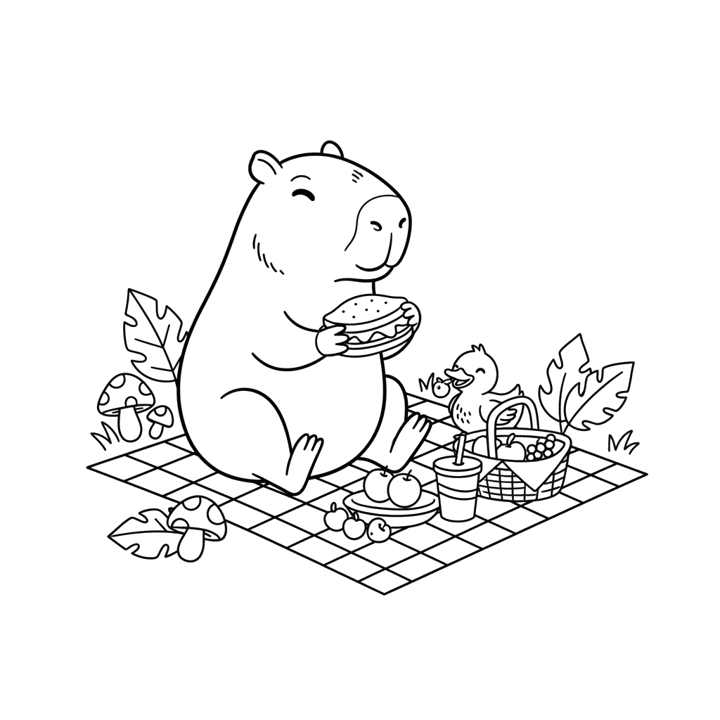 Capybara and Duck Picnic Coloring Page for Kids