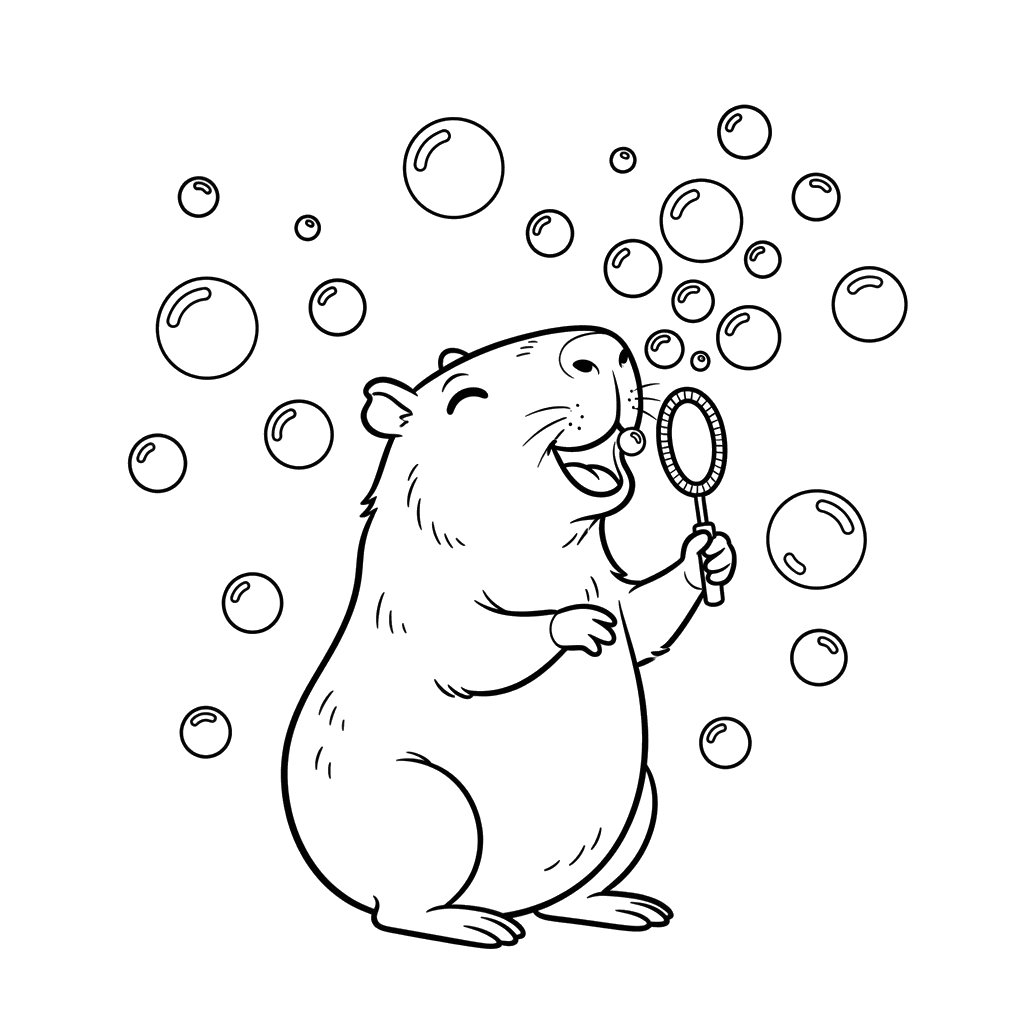 Cheerful Capybara Blowing Bubbles Coloring Page