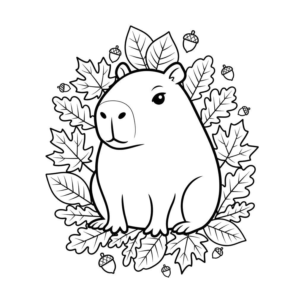 Capybara in Autumn Leaves Coloring Page