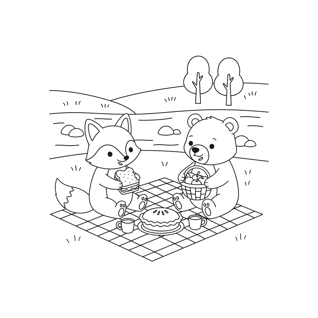 Friends Sharing a Meal by the River Coloring Page