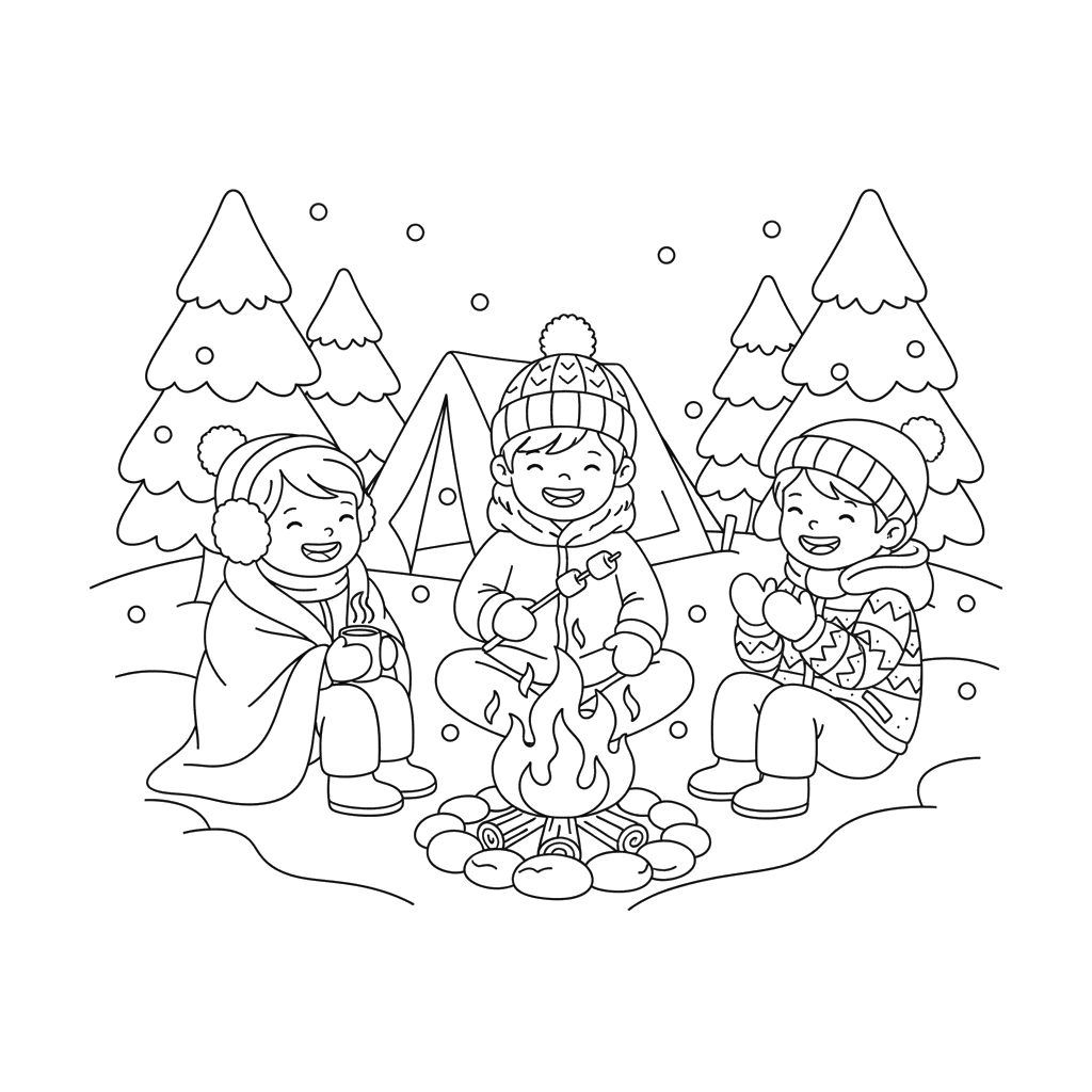 Cozy Winter Campfire Coloring Page