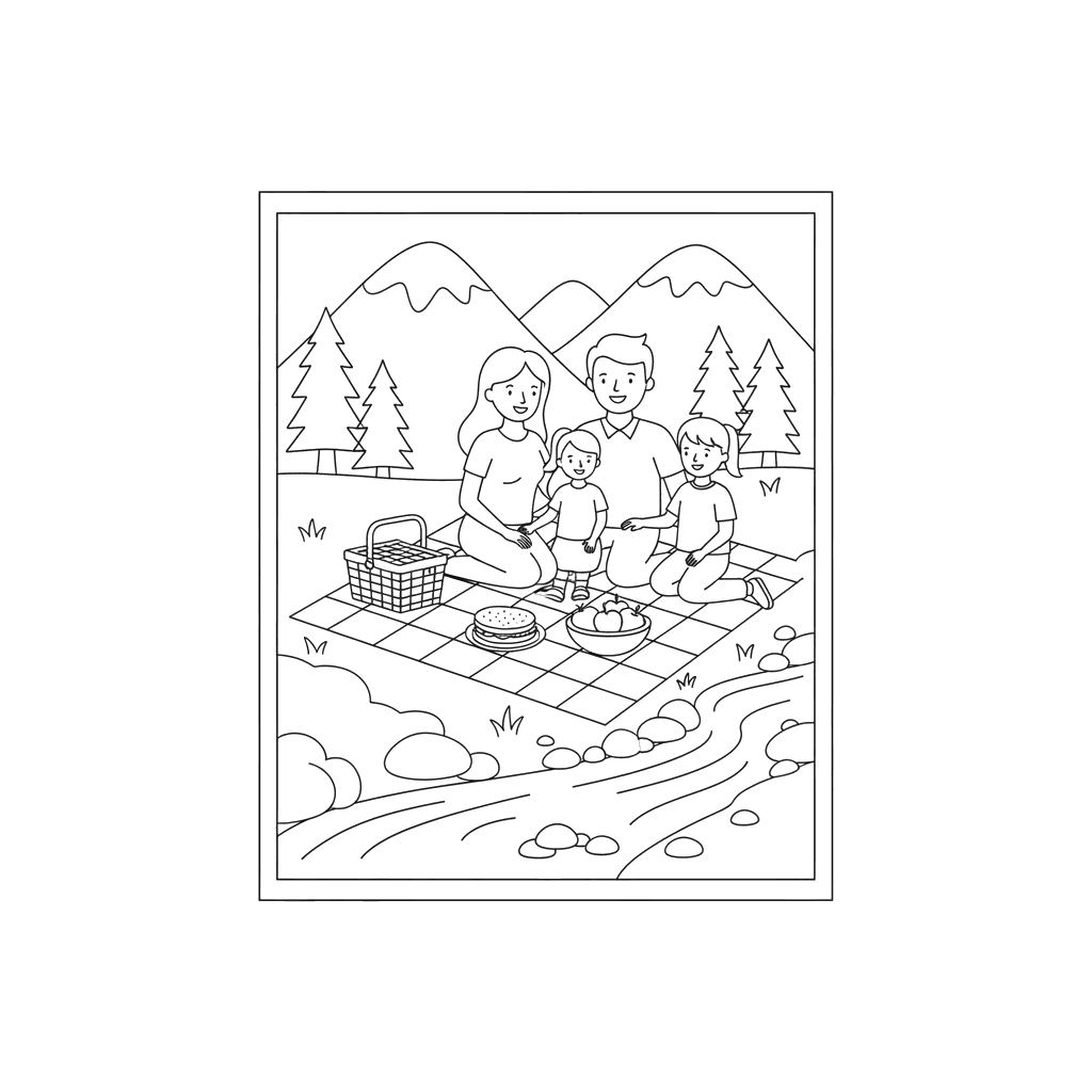 Family Picnic by a Mountain Stream Coloring Page