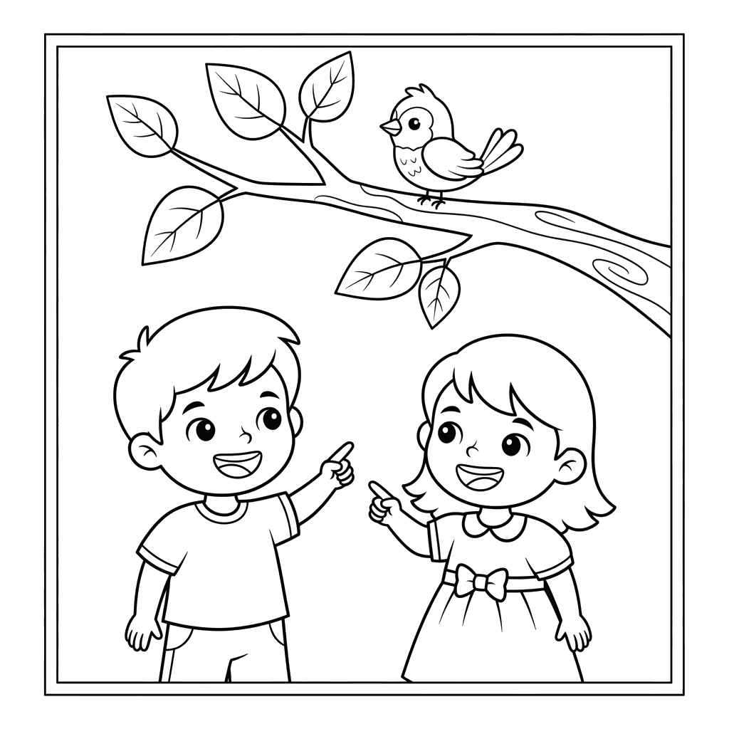 Children Spotting a Colorful Bird Coloring Page