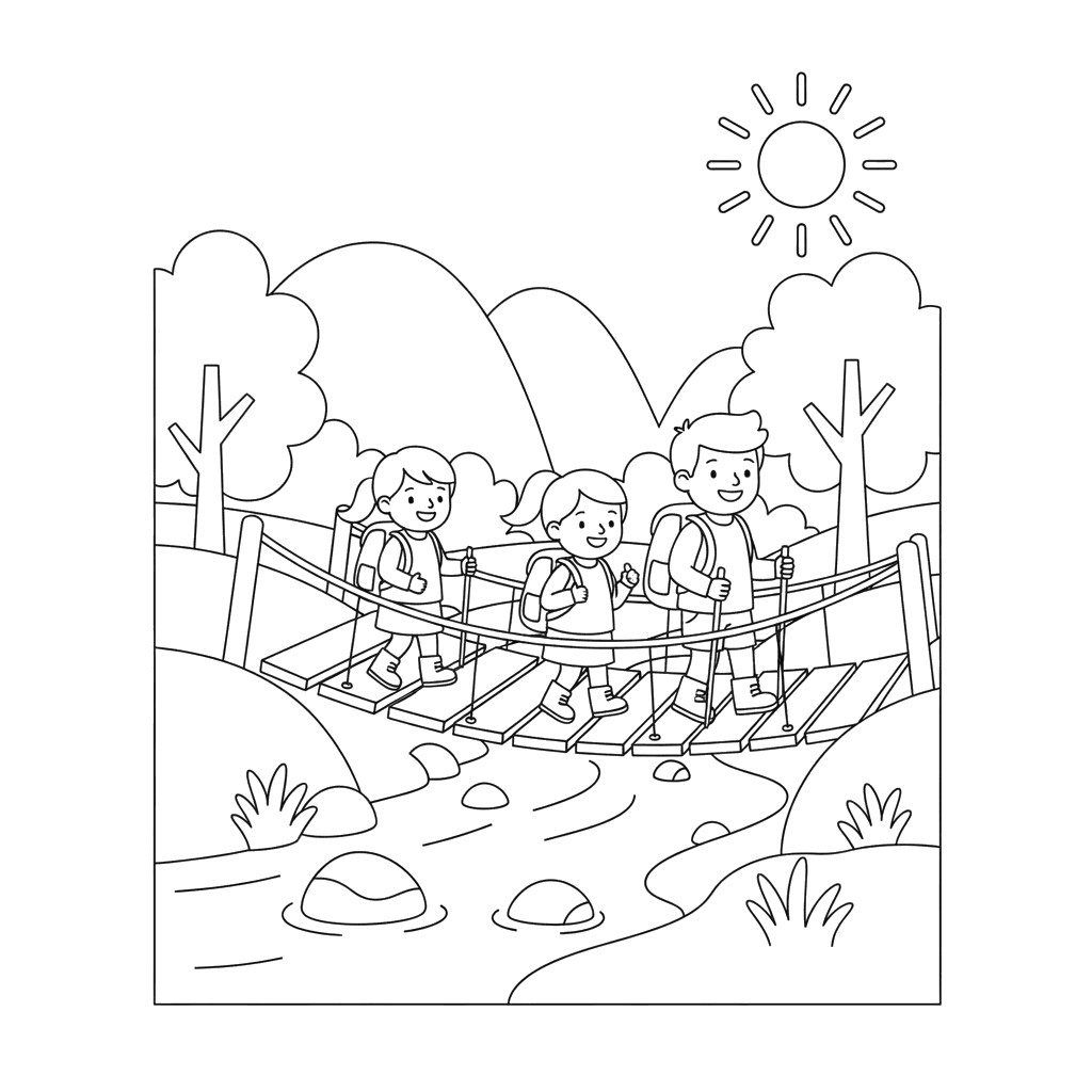 Hikers Crossing a Wooden Bridge Coloring Page