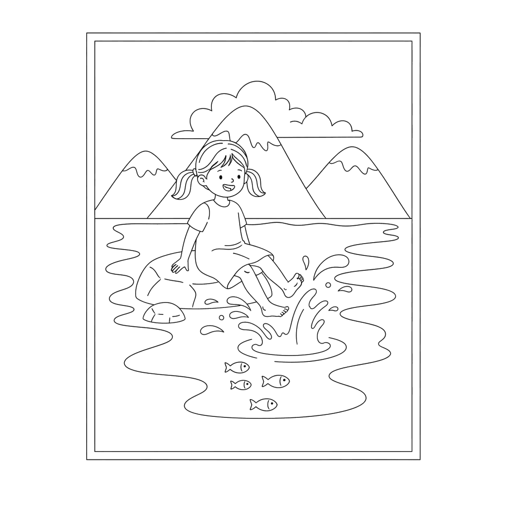 Little Girl Splashing in Mountain Lake Coloring Page