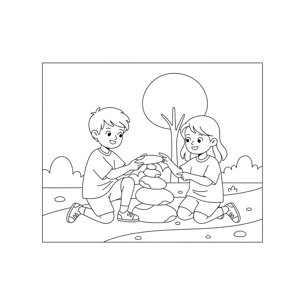 Children Building a Rock Cairn Coloring Page