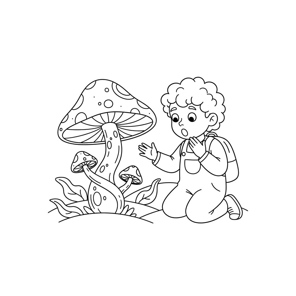 Child Finding a Unique Mushroom Coloring Page