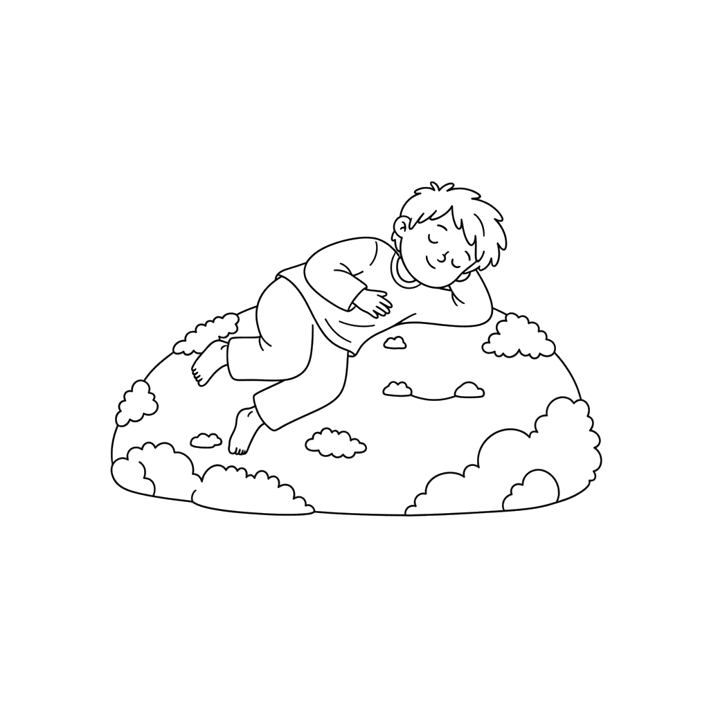 Coloring Page: Child Resting on a Mossy Rock