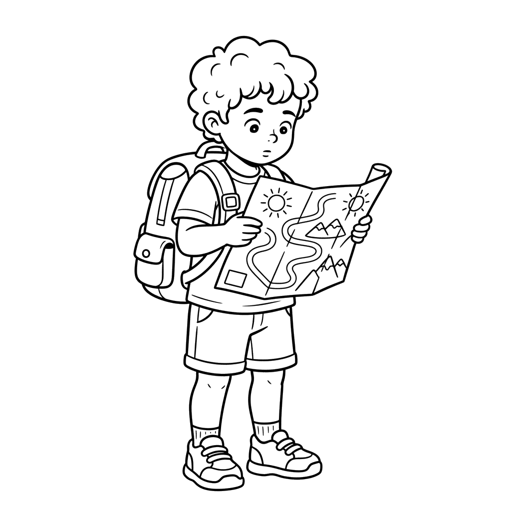 Child with Backpack Looking at a Map Coloring Page