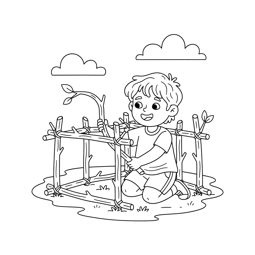 Child Building a Stick Fort Coloring Page