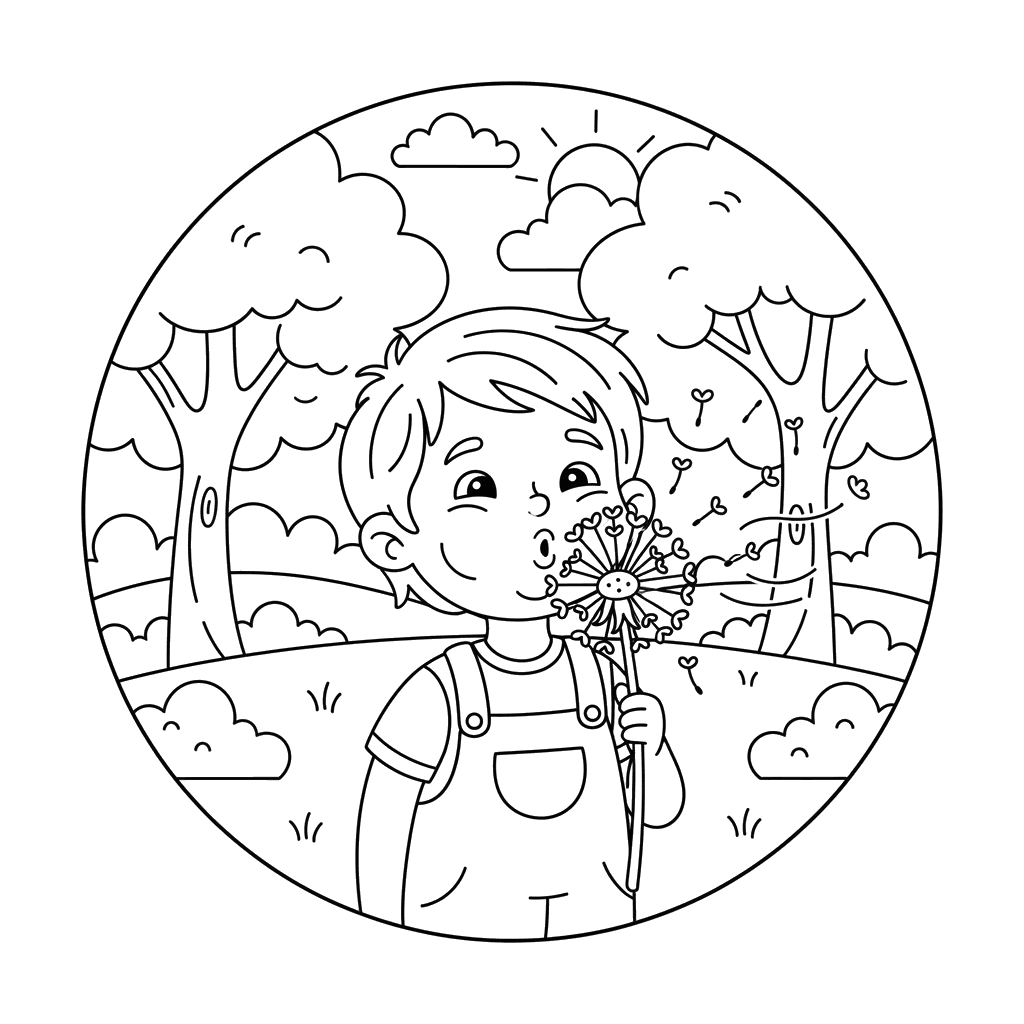 Child Blowing Dandelion Seeds Coloring Page