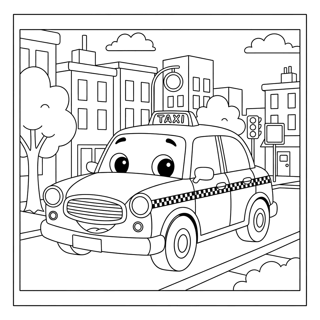 Taxi Car in the City Coloring Page for Kids