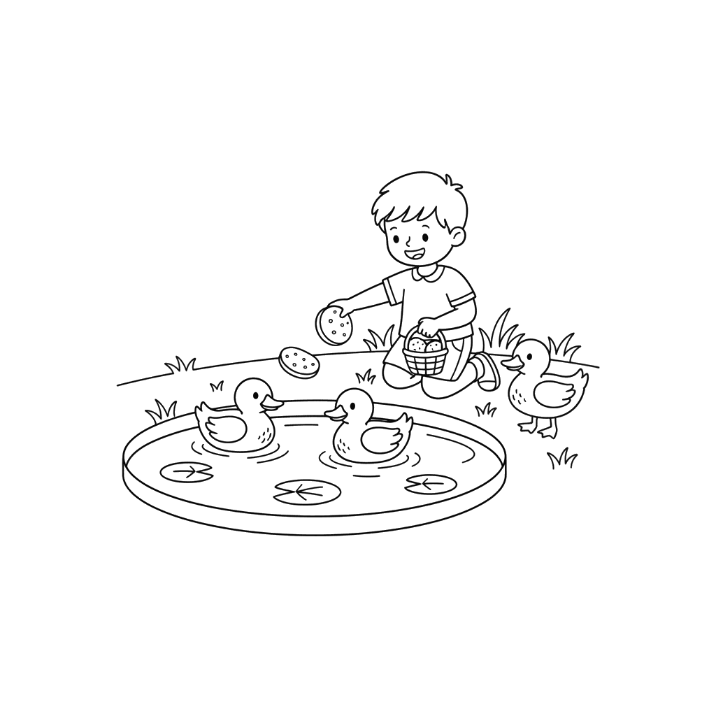 Boy Feeding Ducks Coloring Page