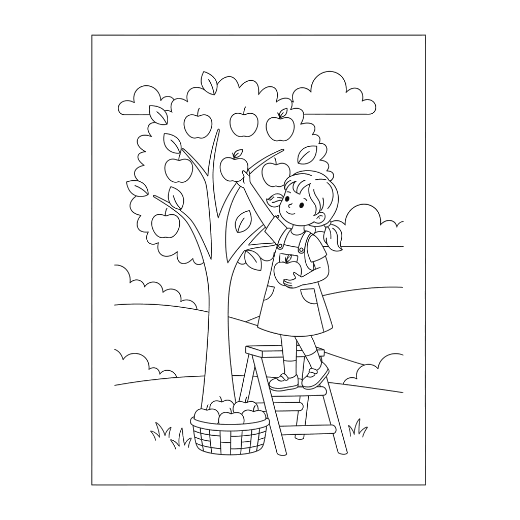 Girl Picking Apples Coloring Page
