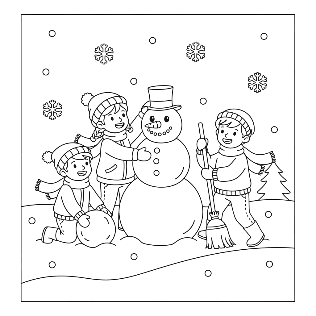 Children Building a Snowman Coloring Page