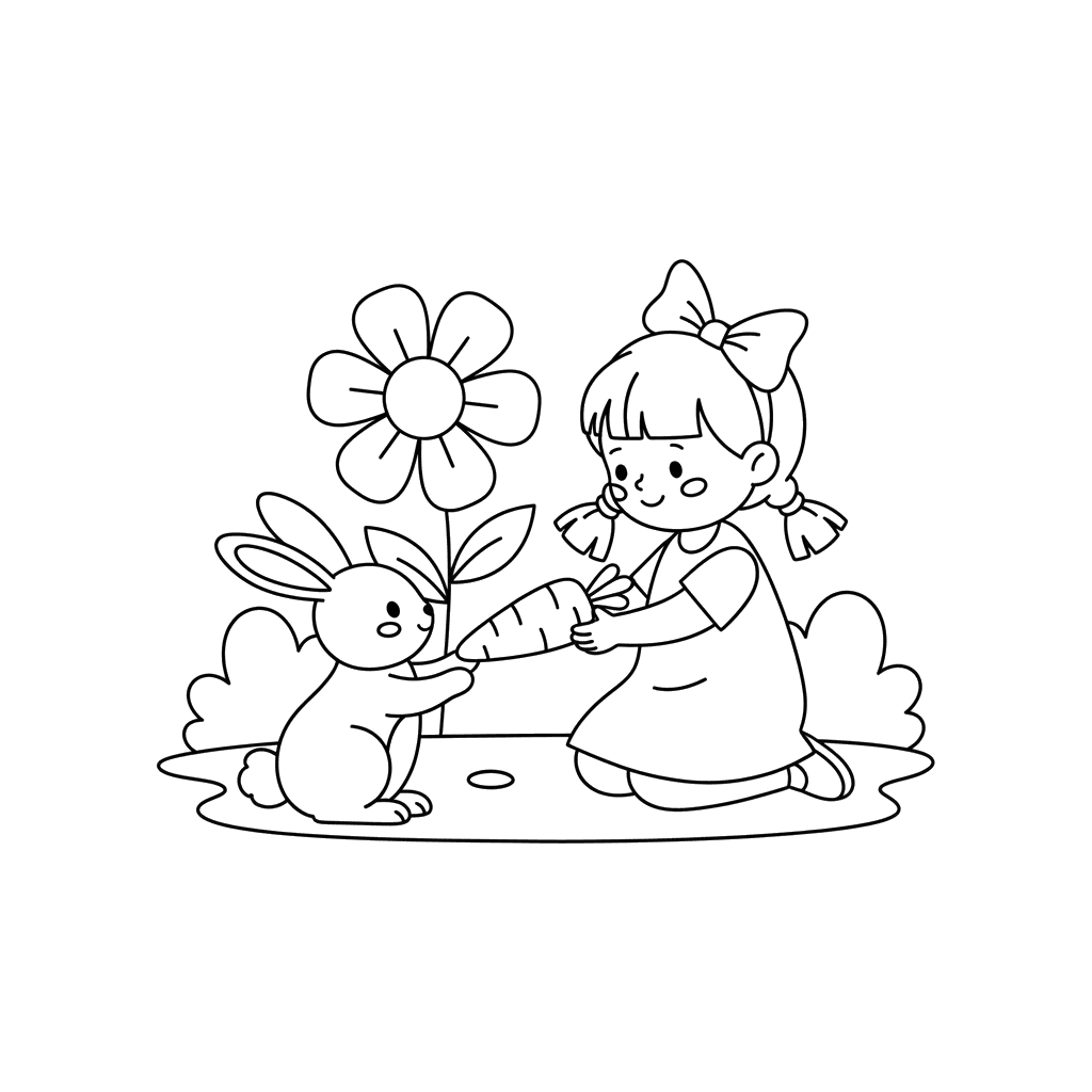 Girl Feeding Rabbit a Carrot Coloring Page