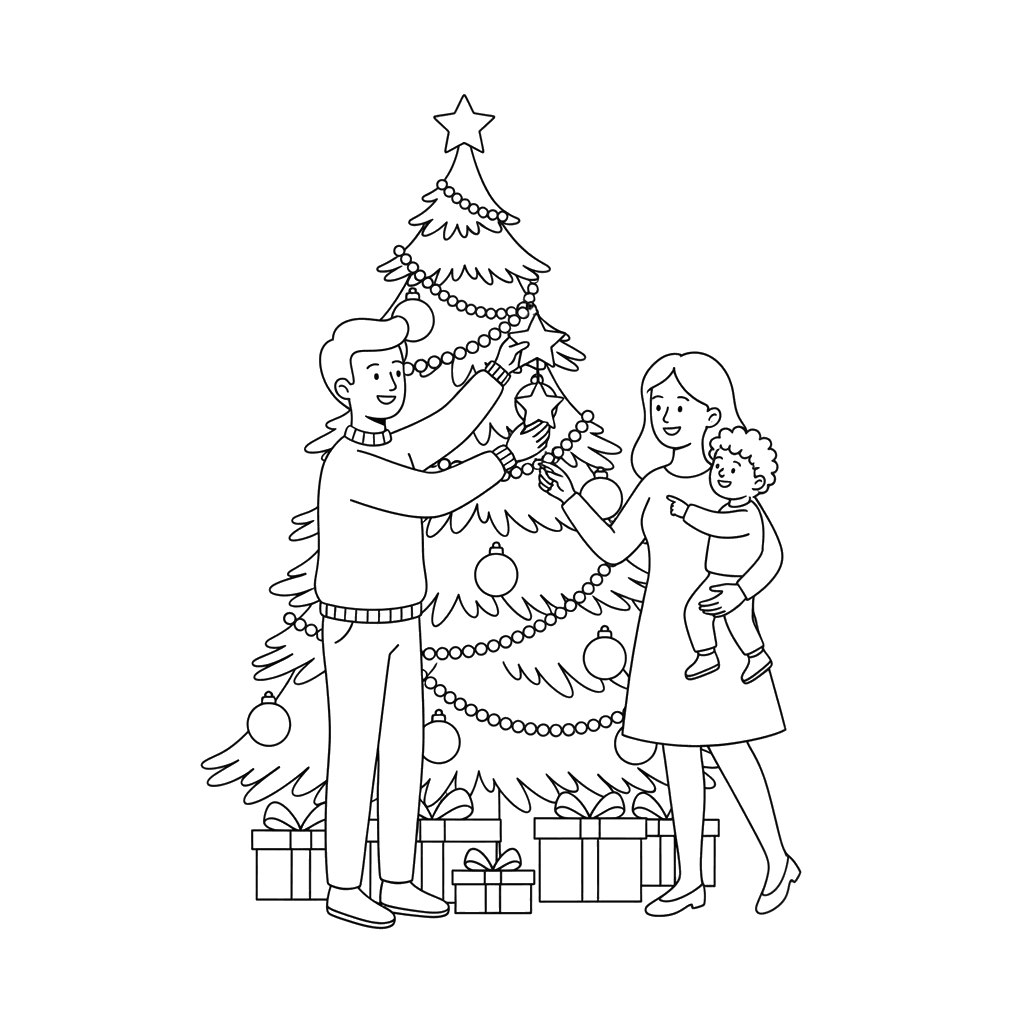 Family Decorating Christmas Tree Coloring Page