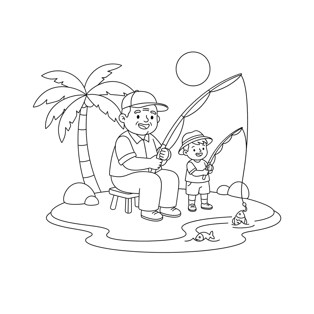 Grandfather and Grandson Fishing Coloring Page