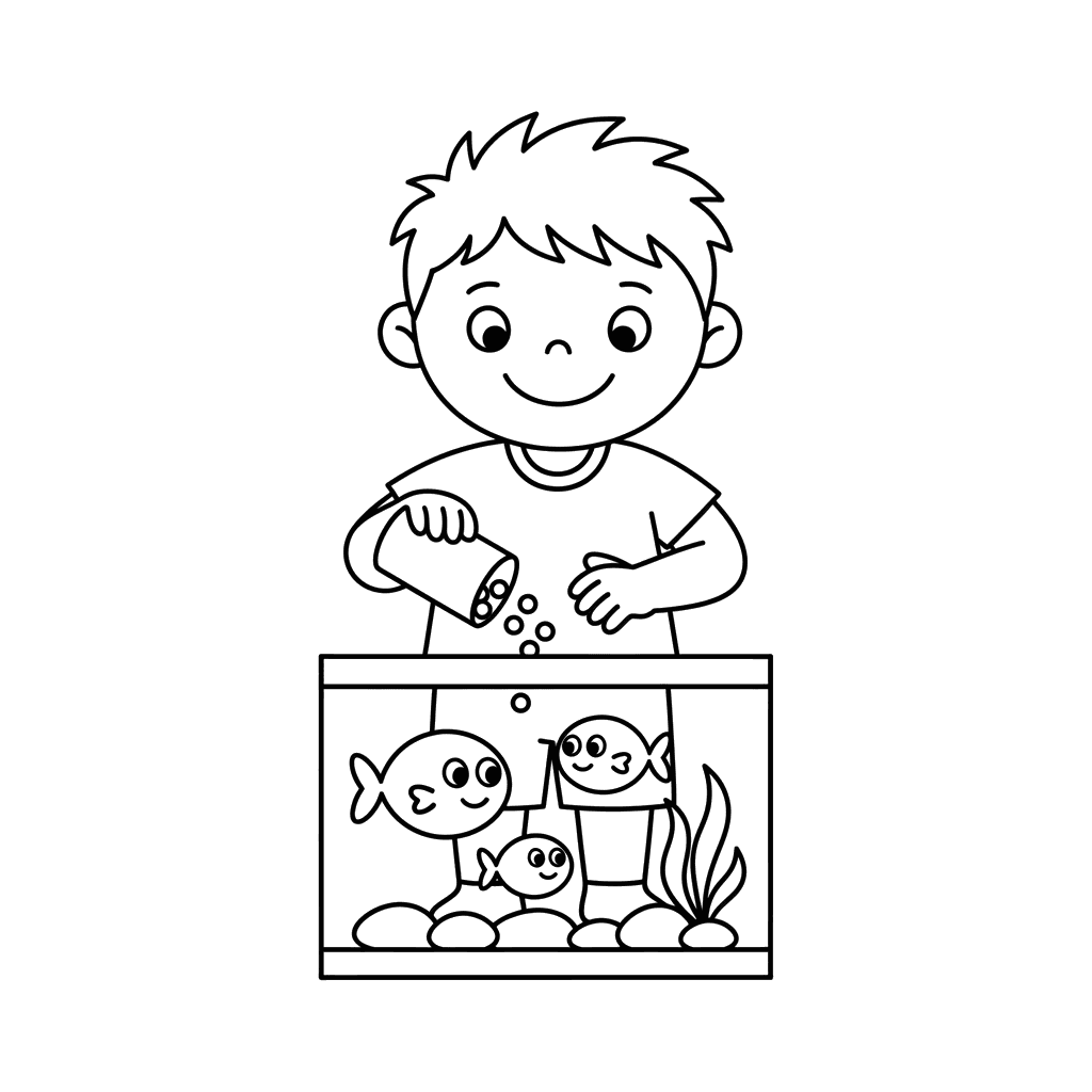 Child Feeding Fish in Aquarium Coloring Page