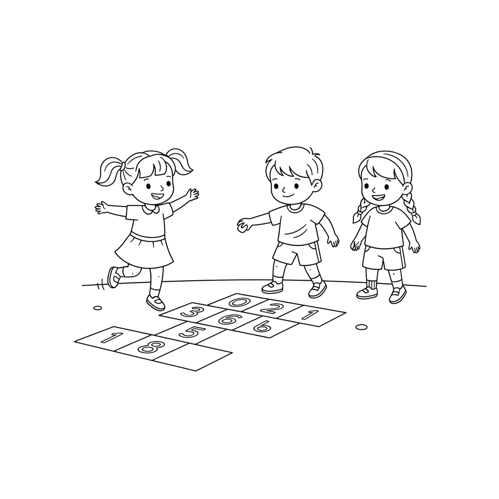 Kids Playing Hopscotch Coloring Page