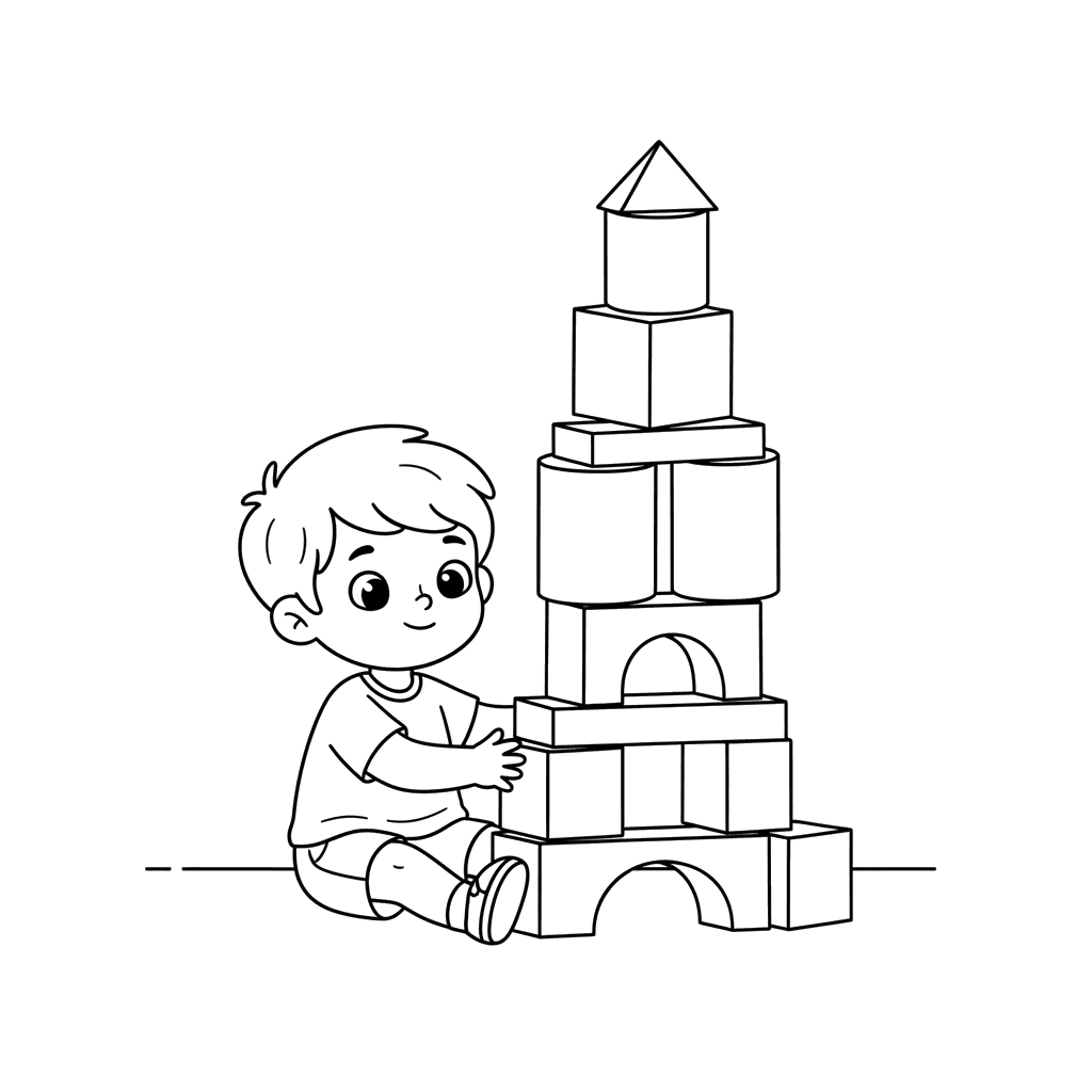 Child Building Block Tower Coloring Page