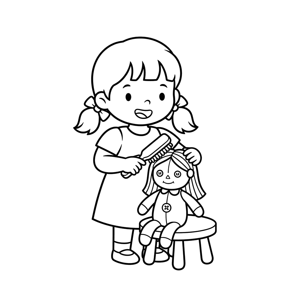Girl Brushing Doll Coloring Page