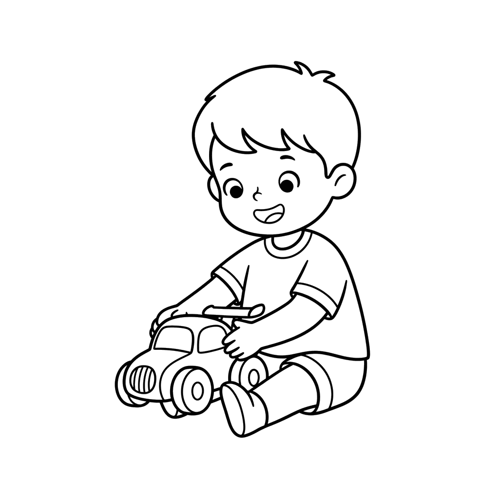 Boy Playing with a Toy Car Coloring Page