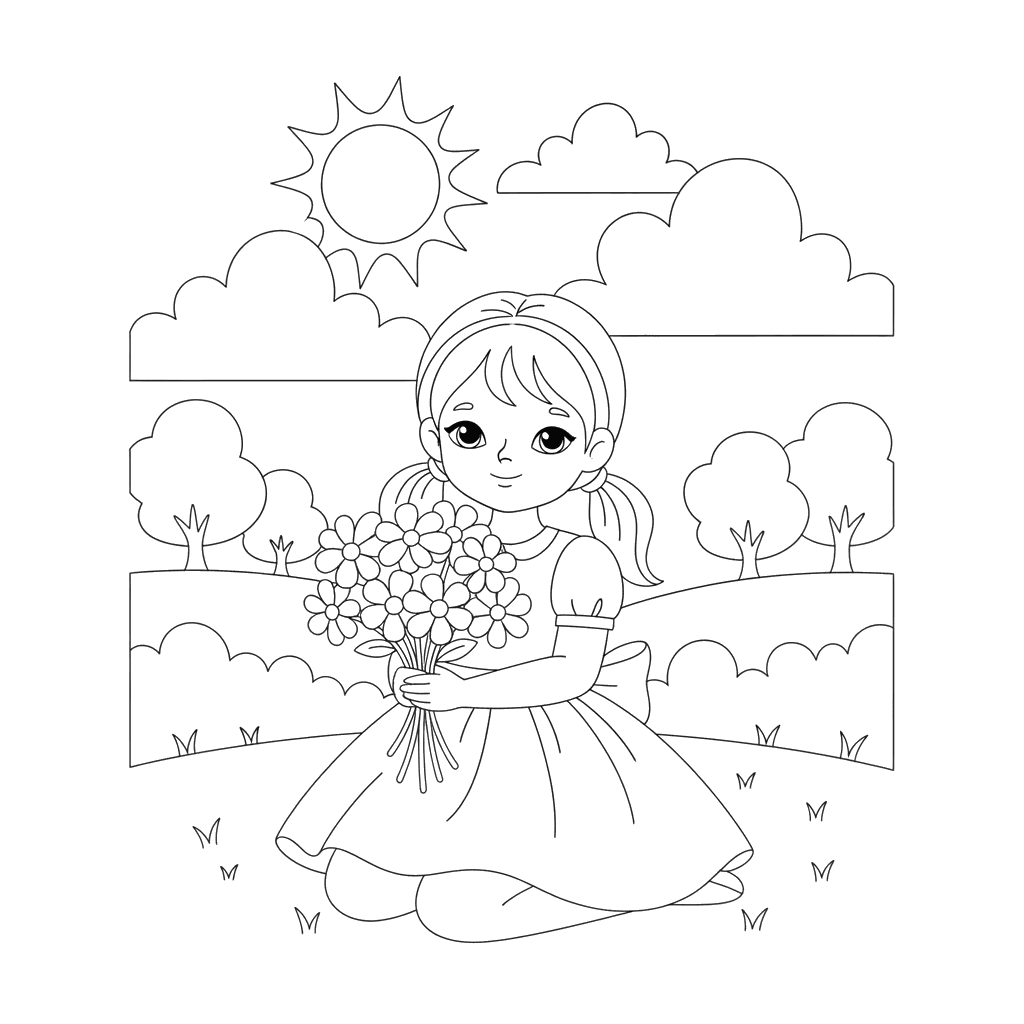 Girl Picking Wildflowers Coloring Page