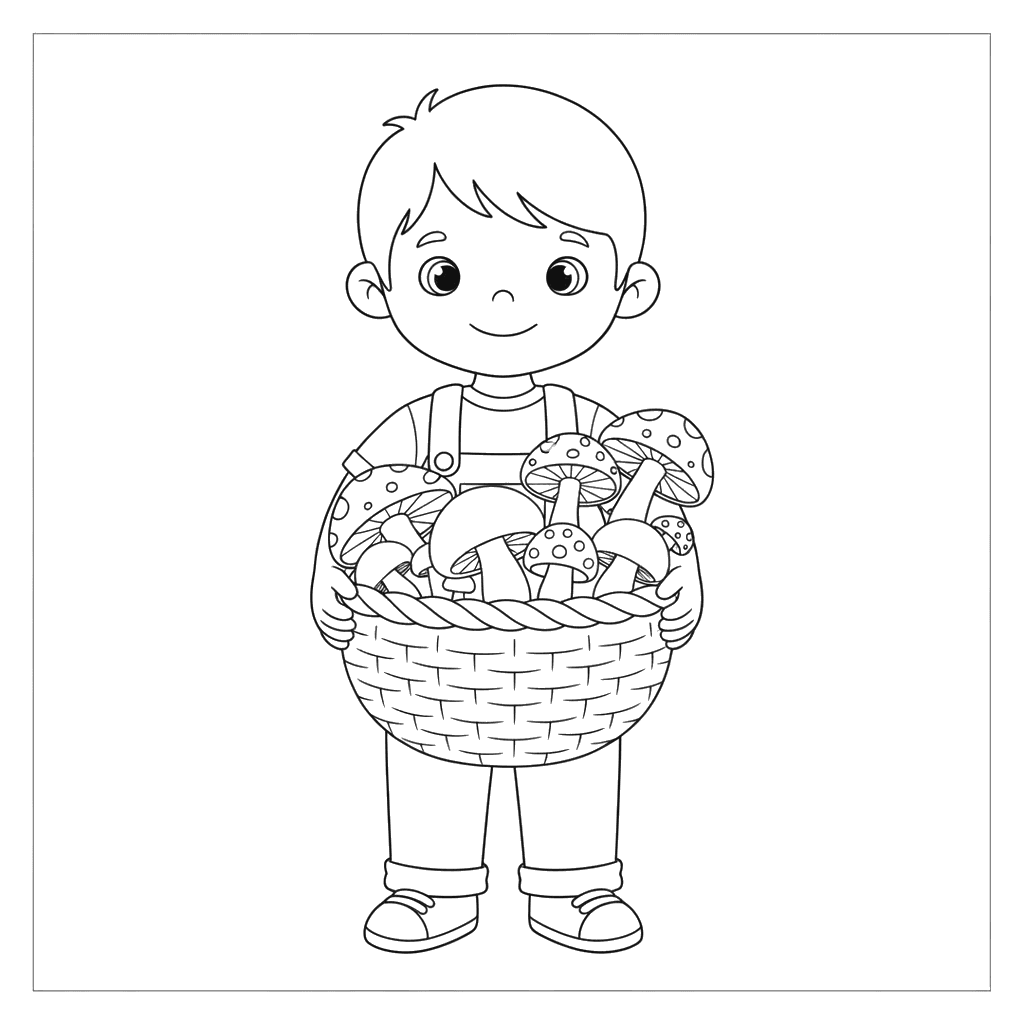 Boy Carrying a Basket of Mushrooms Coloring Page