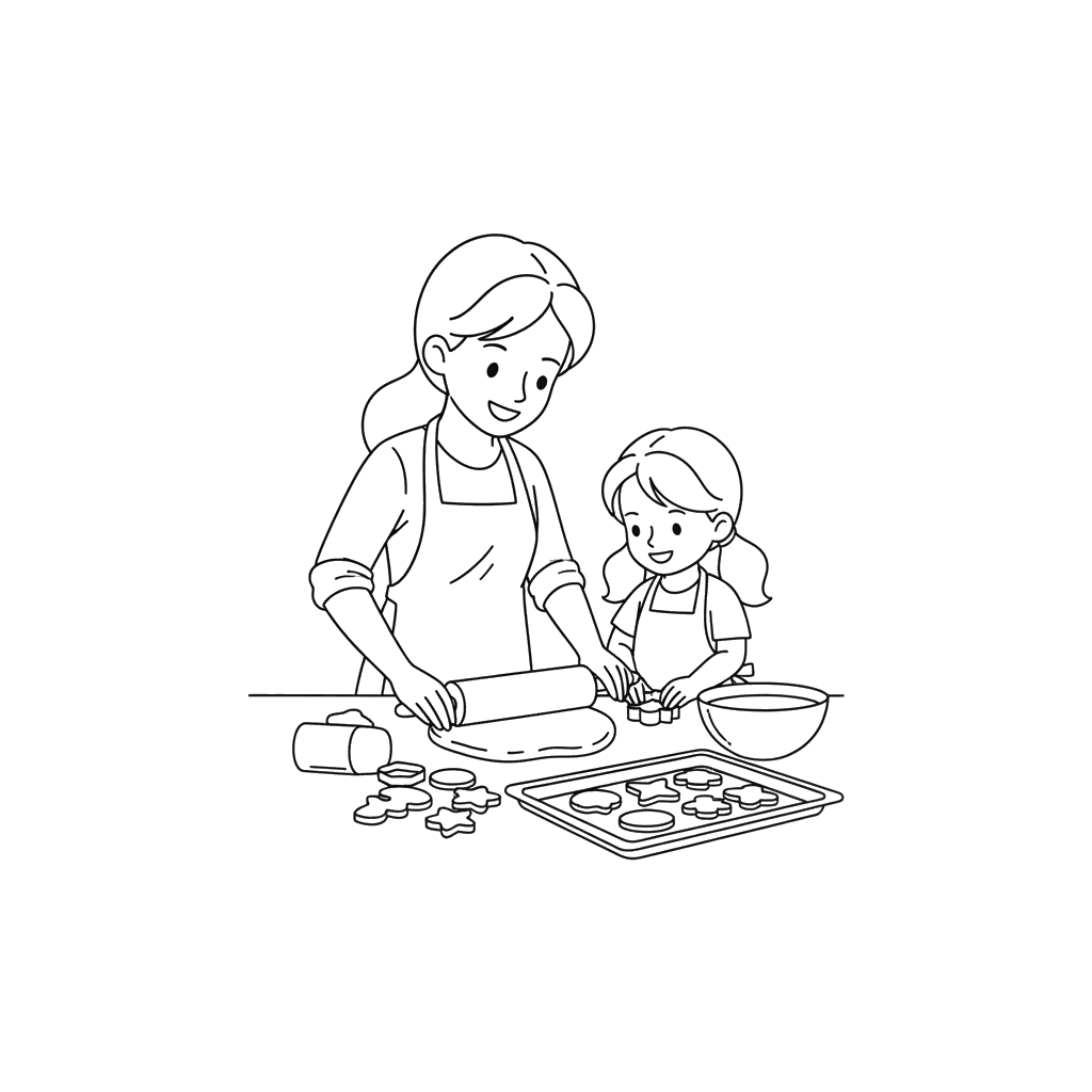 Girl Baking Cookies with Mom Coloring Page
