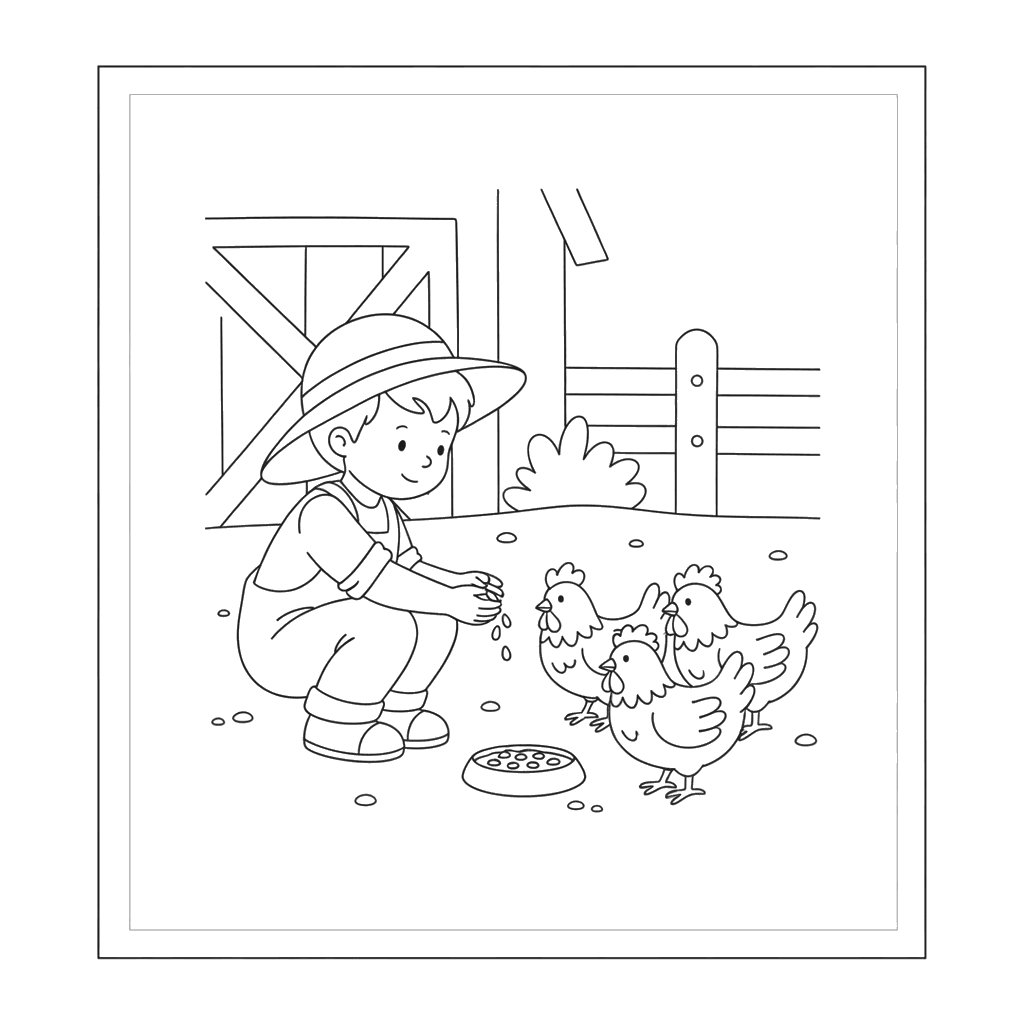 Child Feeding Chickens on a Farm Coloring Page