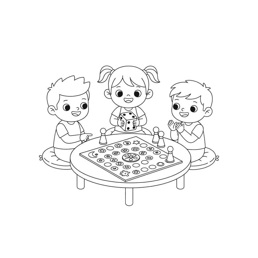 Kids Playing a Board Game Coloring Page