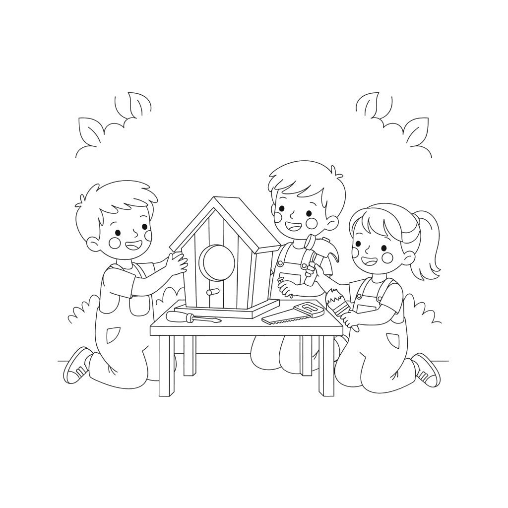 Children Making a Birdhouse Coloring Page