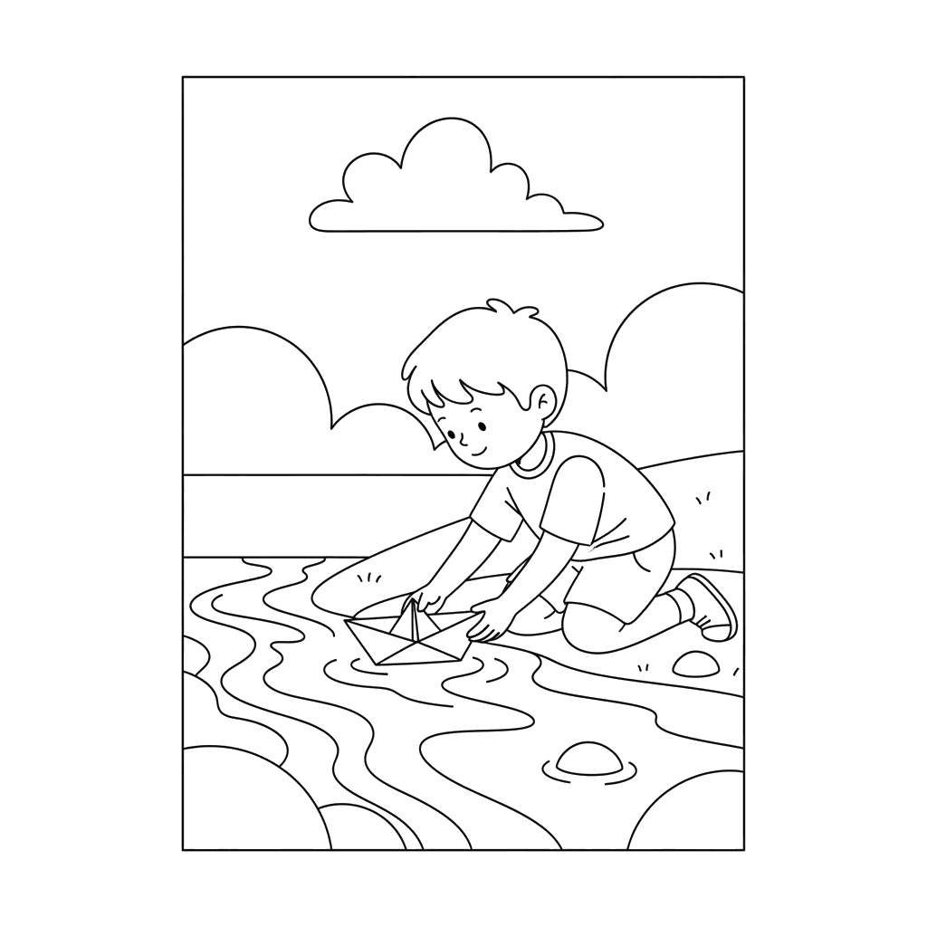 Boy Launching Paper Boat Coloring Page
