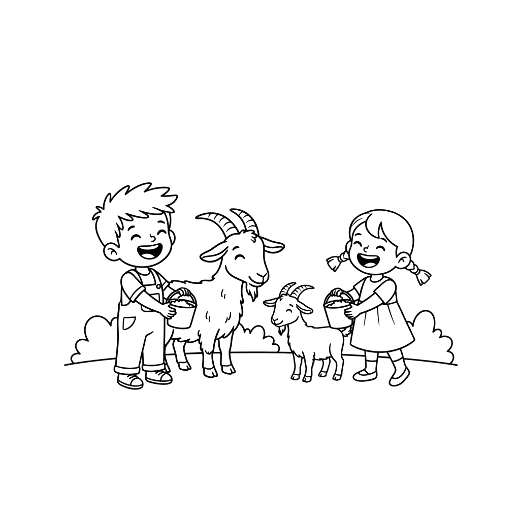 Children Feeding Goats Coloring Page