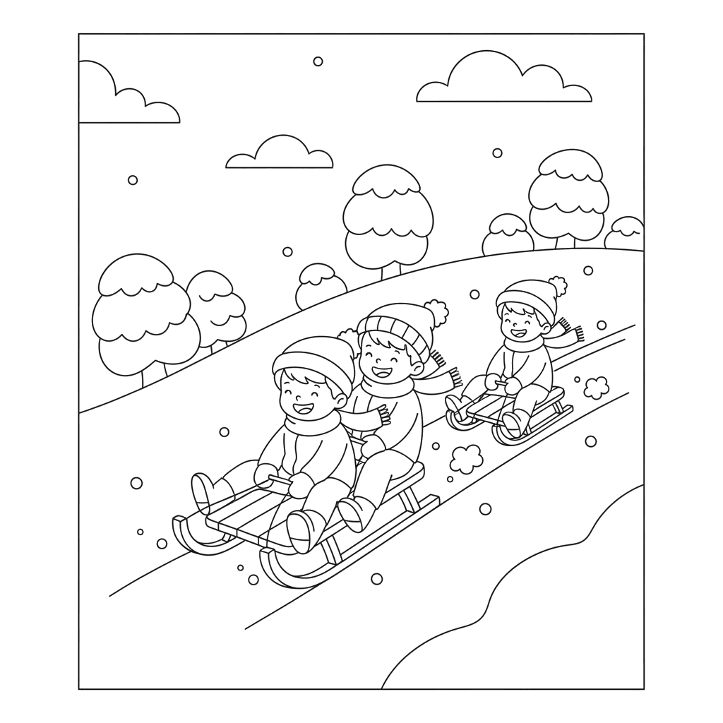 Kids Sledding Coloring Page