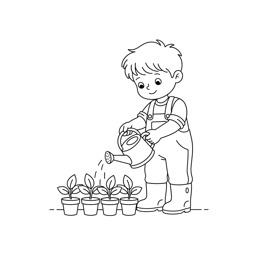 Boy Watering Seedlings Coloring Page