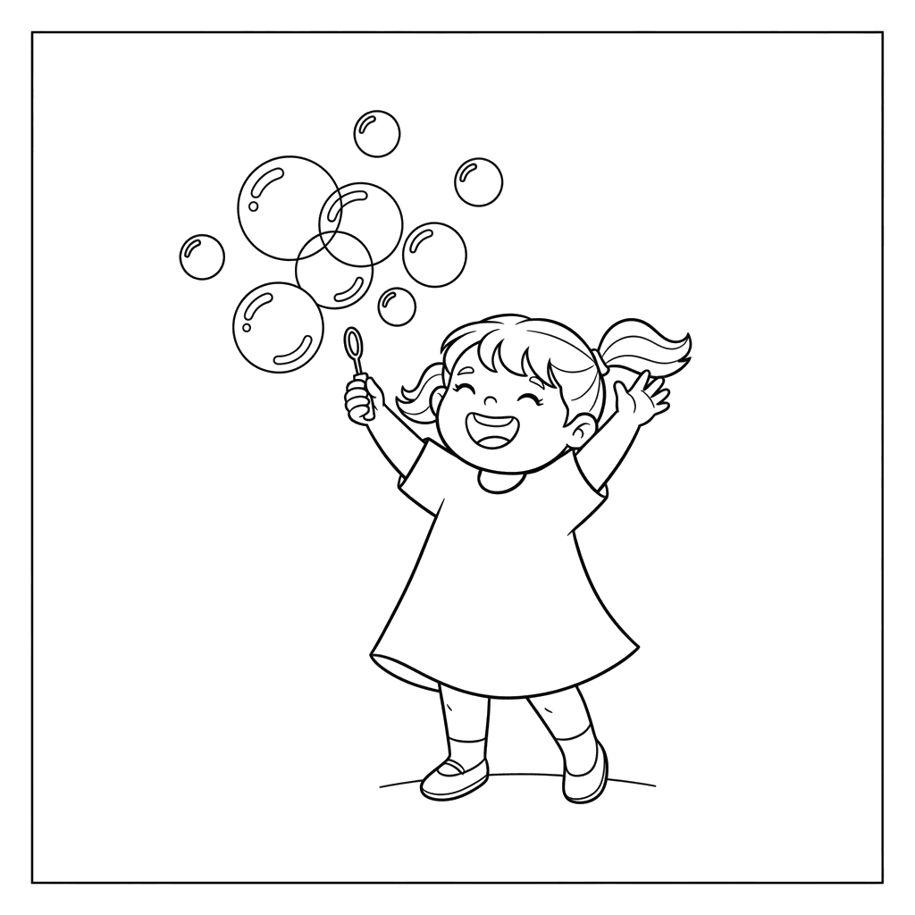 Girl Playing with Soap Bubbles Coloring Page