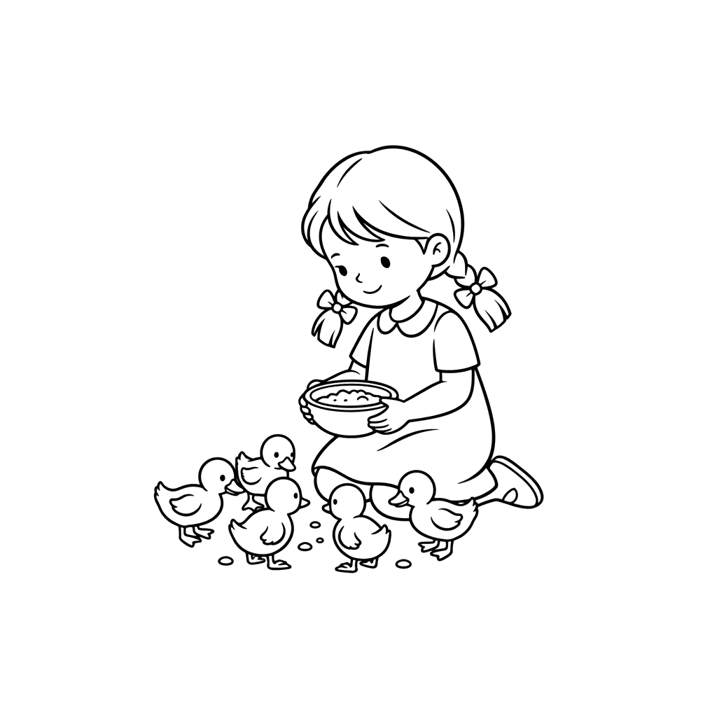 Girl Feeding Ducklings Coloring Page