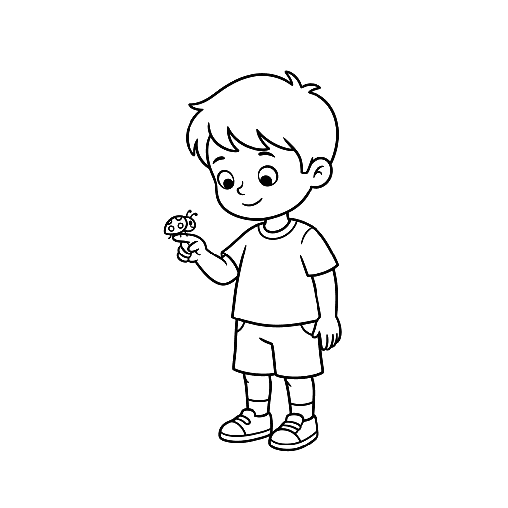 Boy Watching a Ladybug Coloring Page