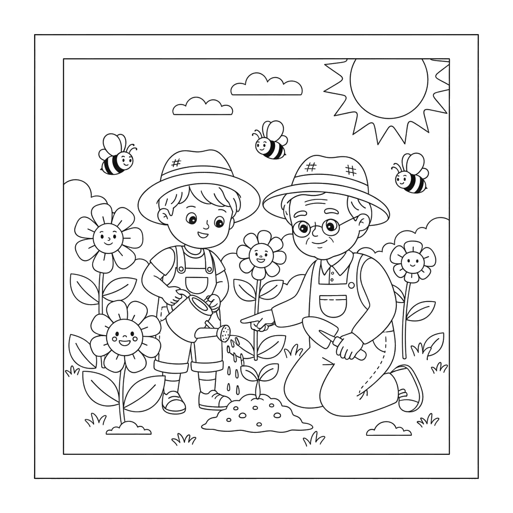Boy Helping Grandpa in the Garden Coloring Page